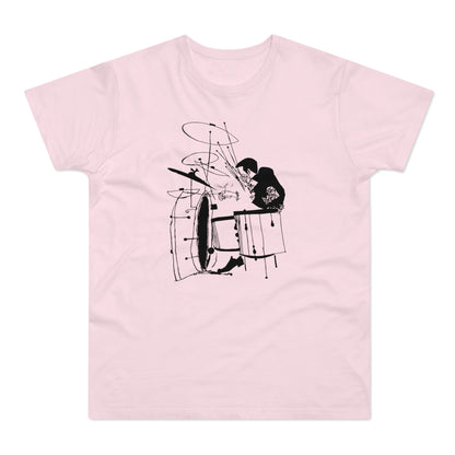 Black illustration of a drummer on a pink t-shirt.