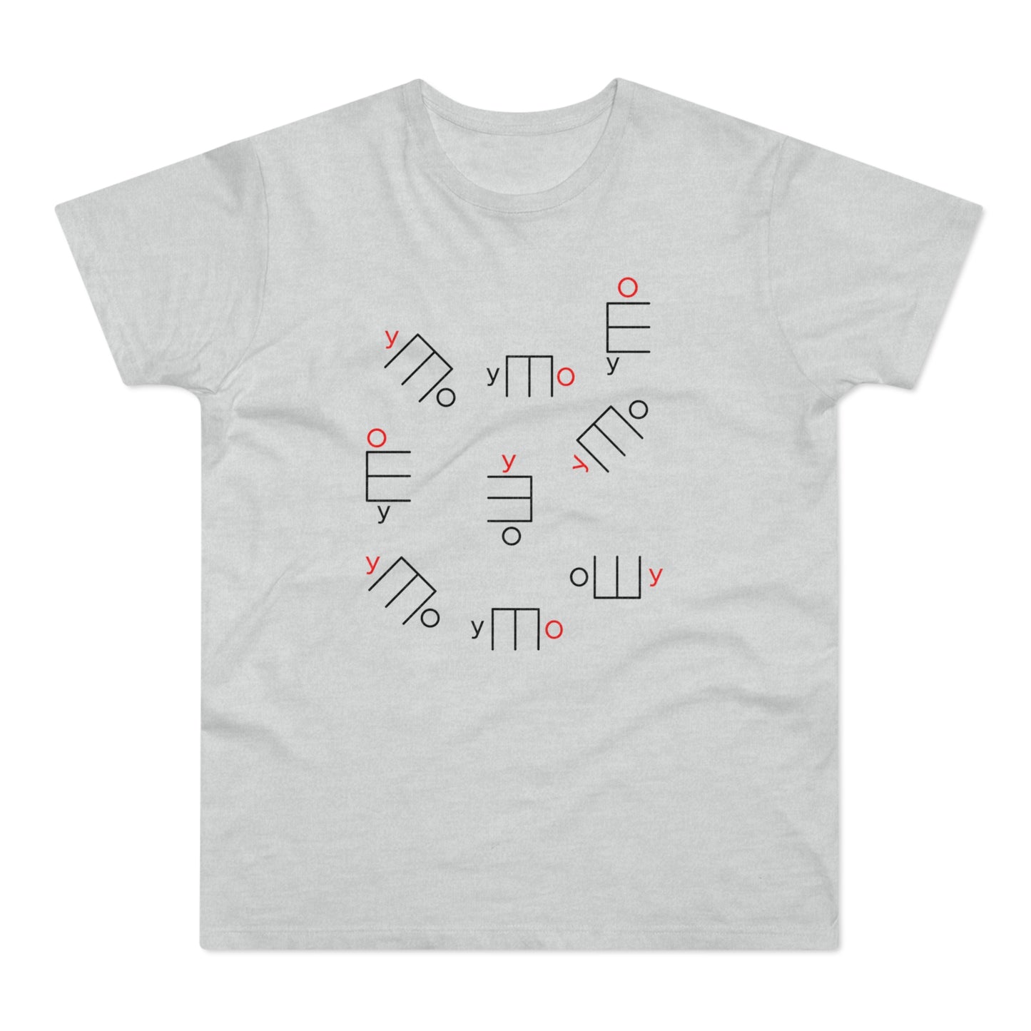 T-shirt with a scattered abstract pattern of red and black geometric shapes with "y" and "o" text elements.