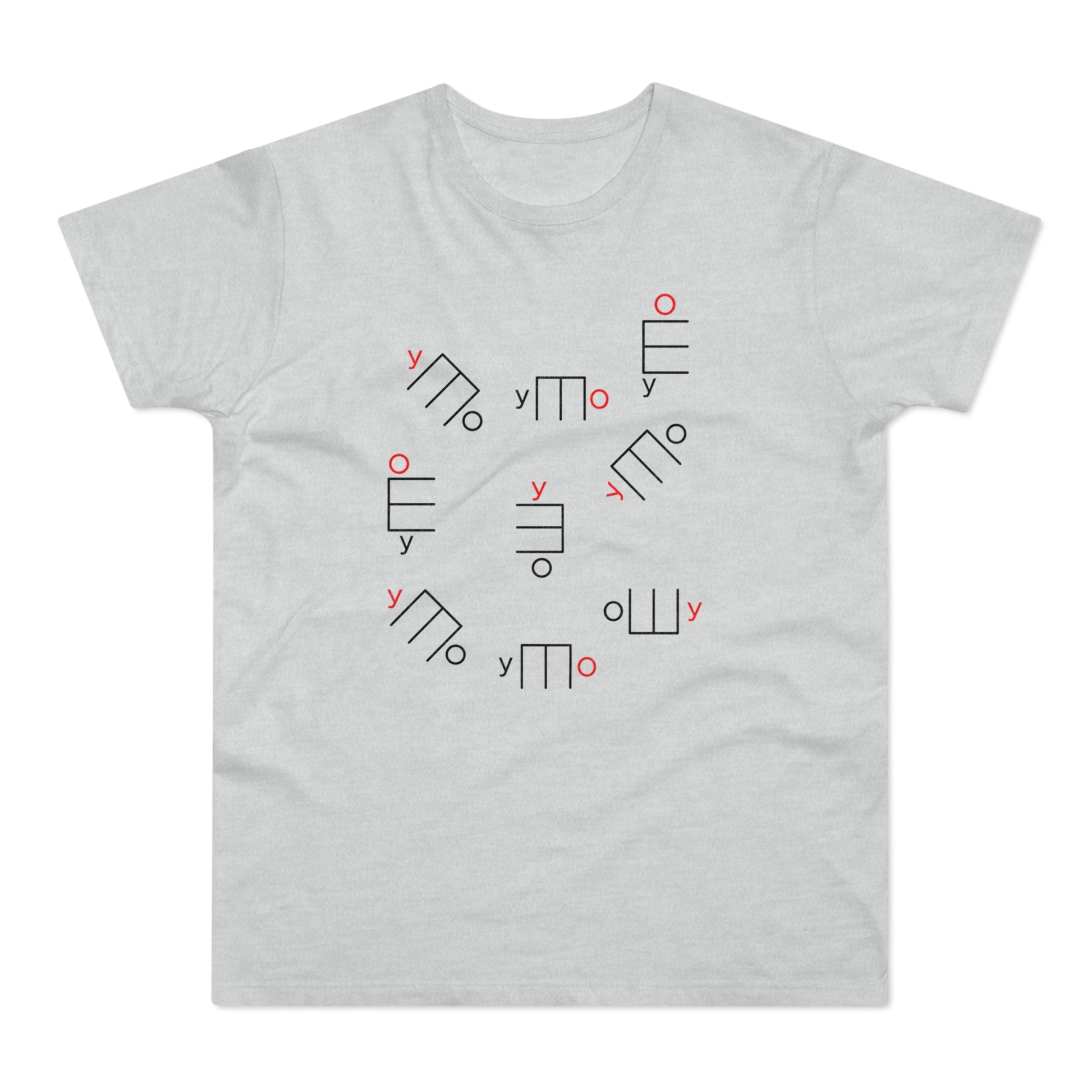 T-shirt with a scattered abstract pattern of red and black geometric shapes with "y" and "o" text elements.
