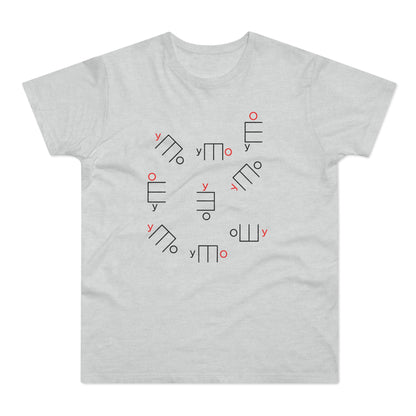 T-shirt with a scattered abstract pattern of red and black geometric shapes with "y" and "o" text elements.