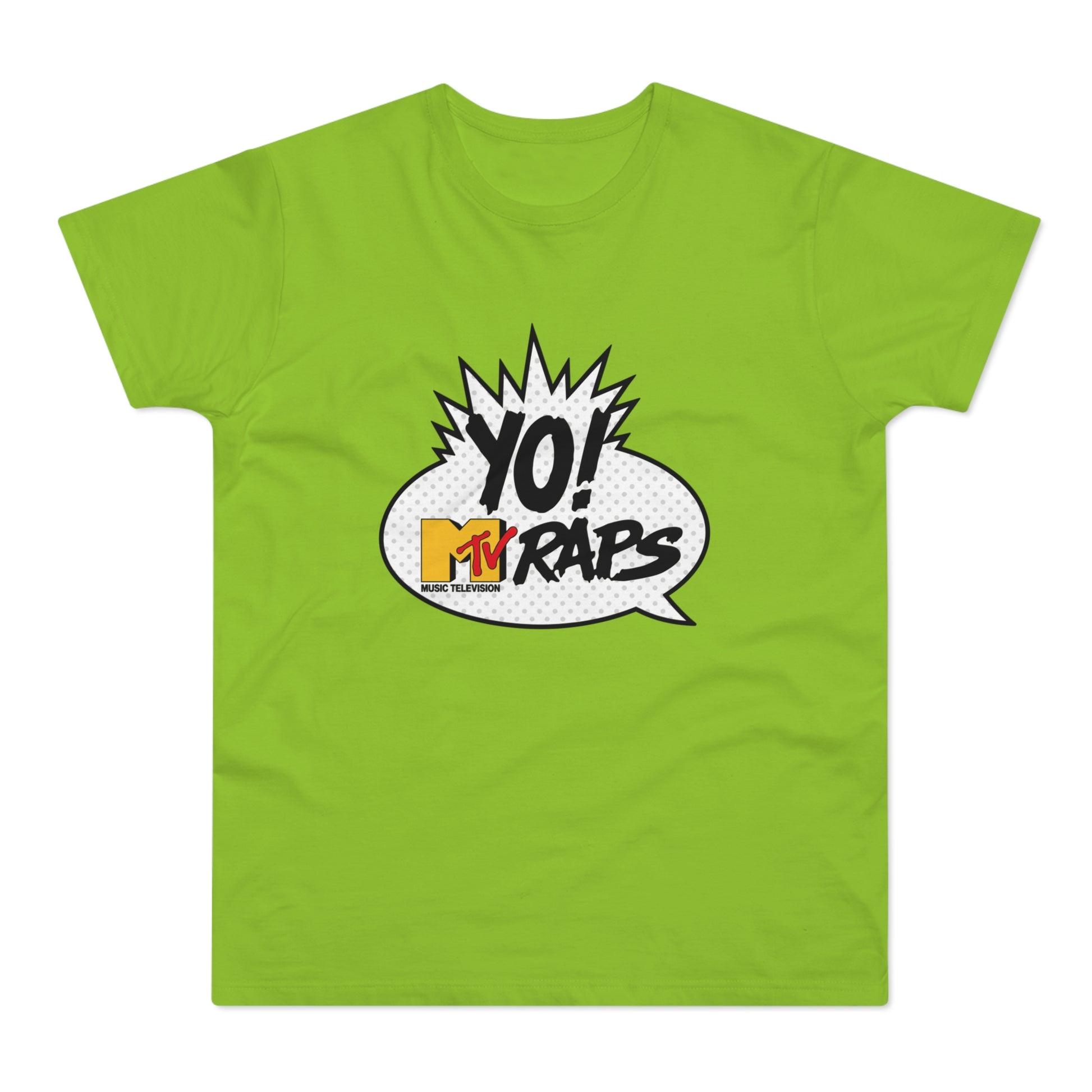 Green t-shirt with comic bubble saying "YO! MTV RAPS MUSIC TELEVISION".