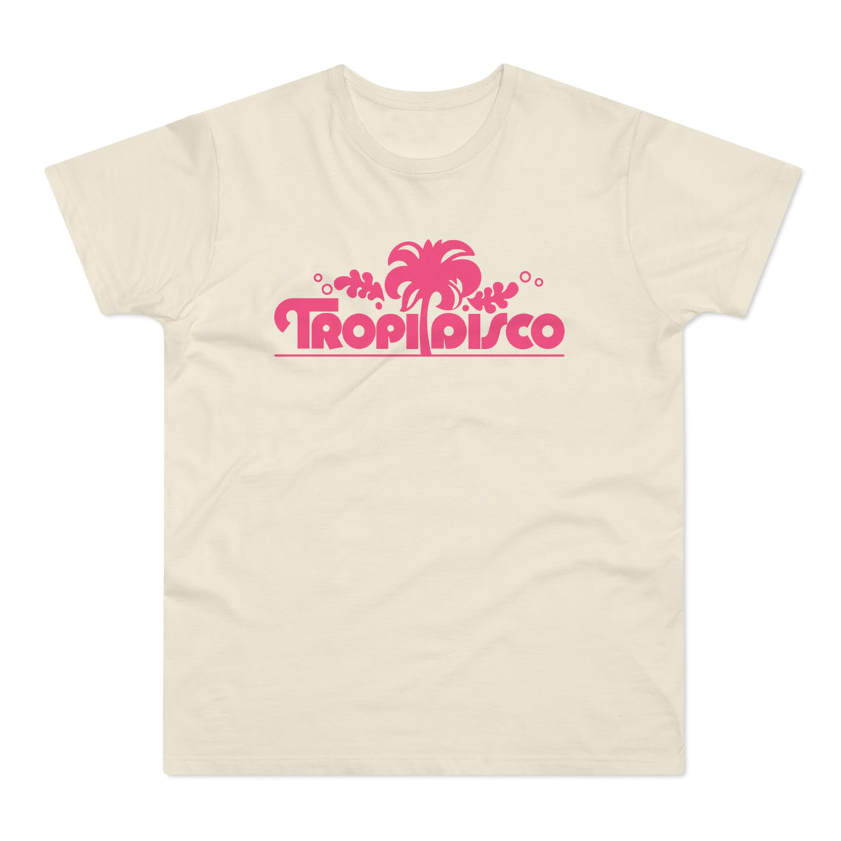 Cream t-shirt with pink "TROPIDISCO" text and palm tree graphic.