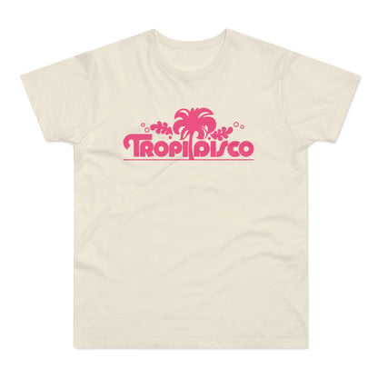 Cream t-shirt with pink "TROPIDISCO" text and palm tree graphic.