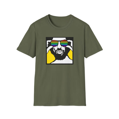 T-shirt with graphic of a person wearing rainbow sunglasses against a yellow background.