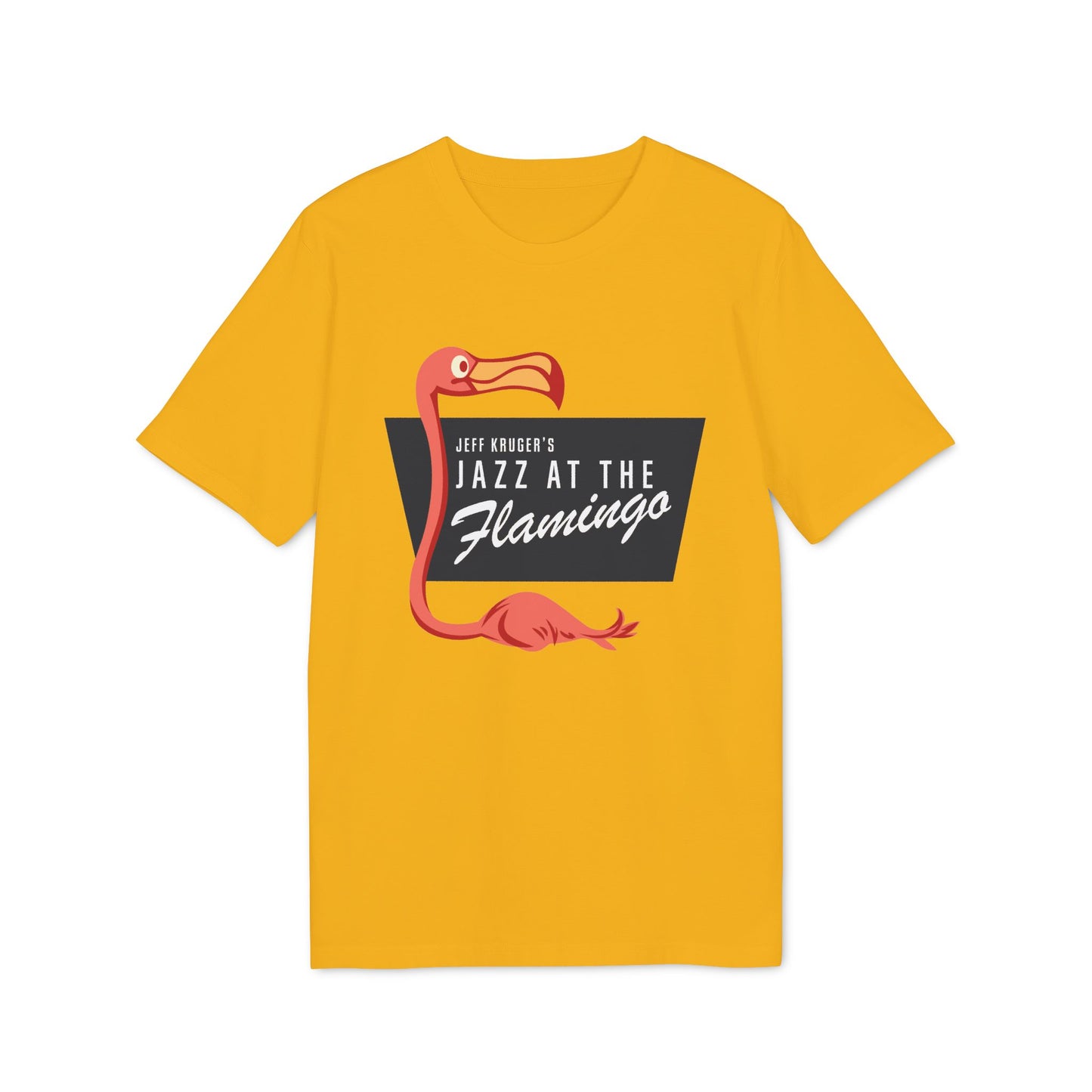 Yellow t-shirt with a pink flamingo and "Jazz at the Flamingo" text.