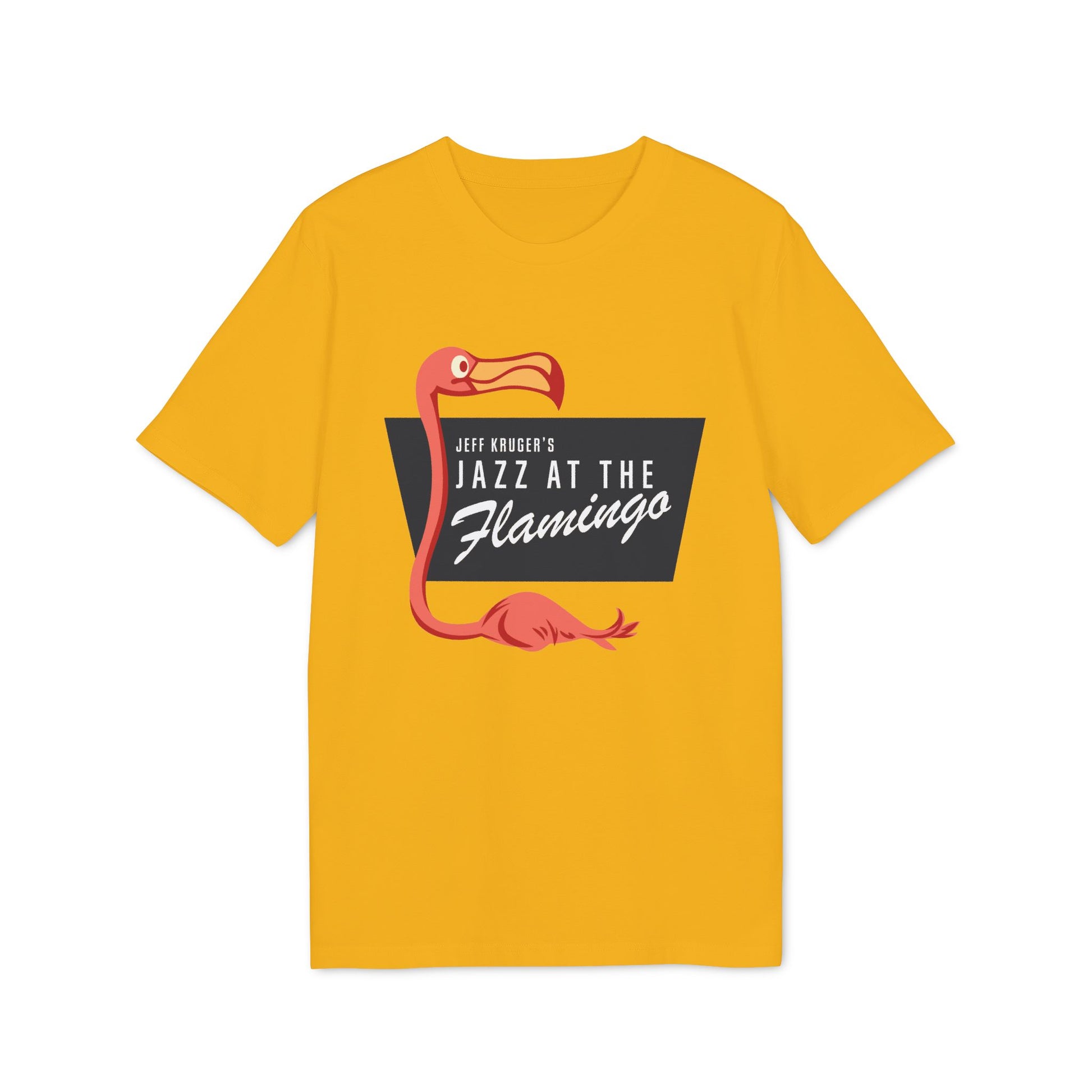 Yellow t-shirt with a pink flamingo and "Jazz at the Flamingo" text.