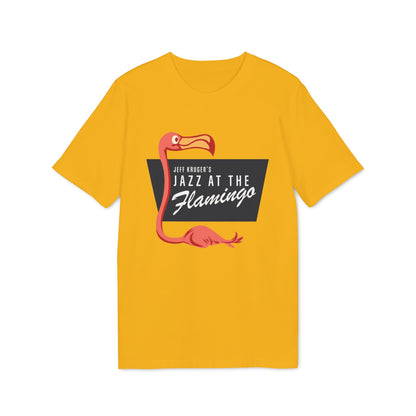 Yellow t-shirt with a pink flamingo and "Jazz at the Flamingo" text.