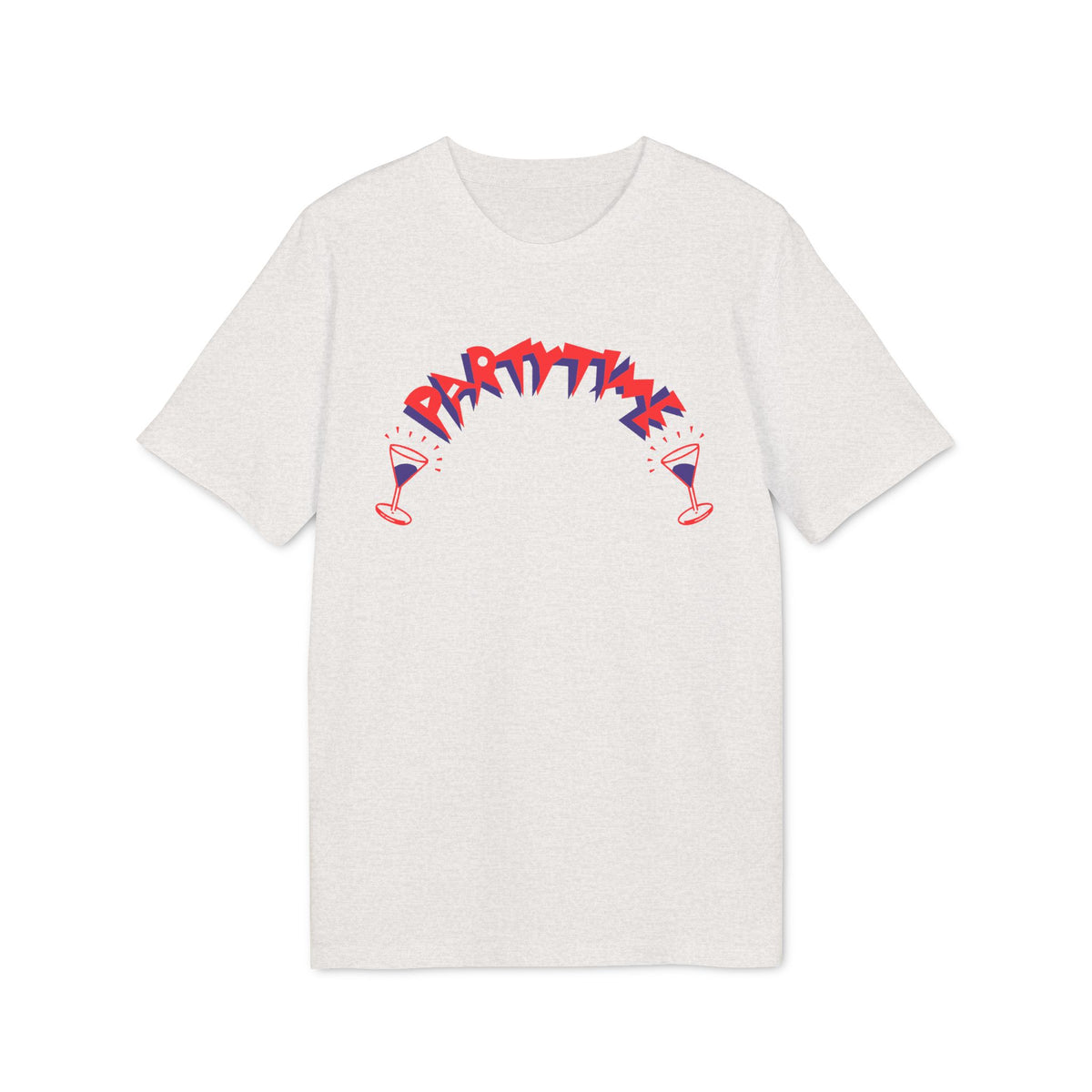A light grey short-sleeved t-shirt featuring a red and blue graphic of two cocktail glasses and the text PARTYTIME.