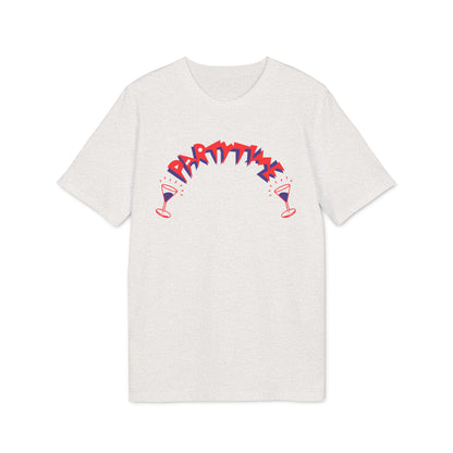 A light grey short-sleeved t-shirt featuring a red and blue graphic of two cocktail glasses and the text PARTYTIME.