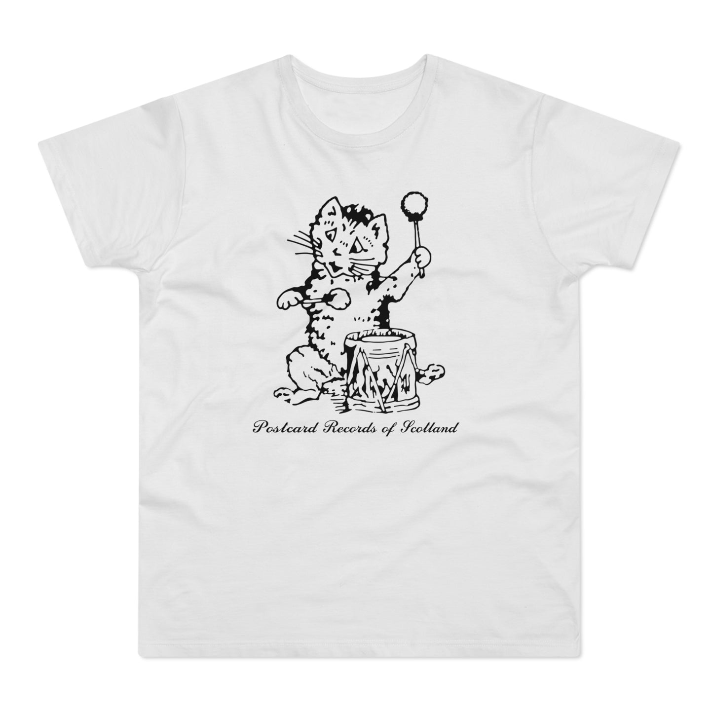 Black and white line drawing of a cat playing a drum on a white t-shirt.
