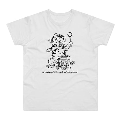 Black and white line drawing of a cat playing a drum on a white t-shirt.