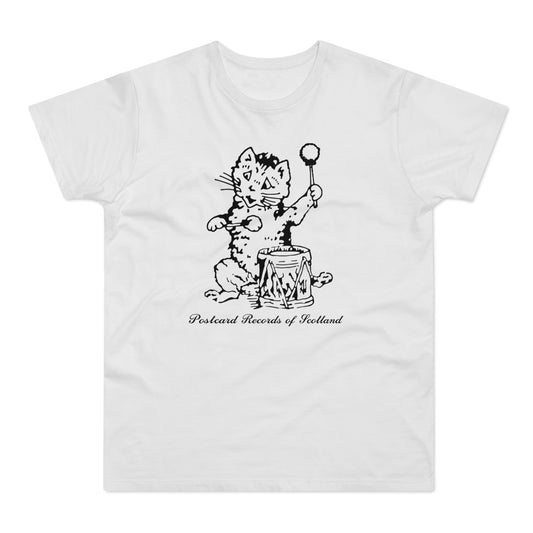Black and white line drawing of a cat playing a drum on a white t-shirt.