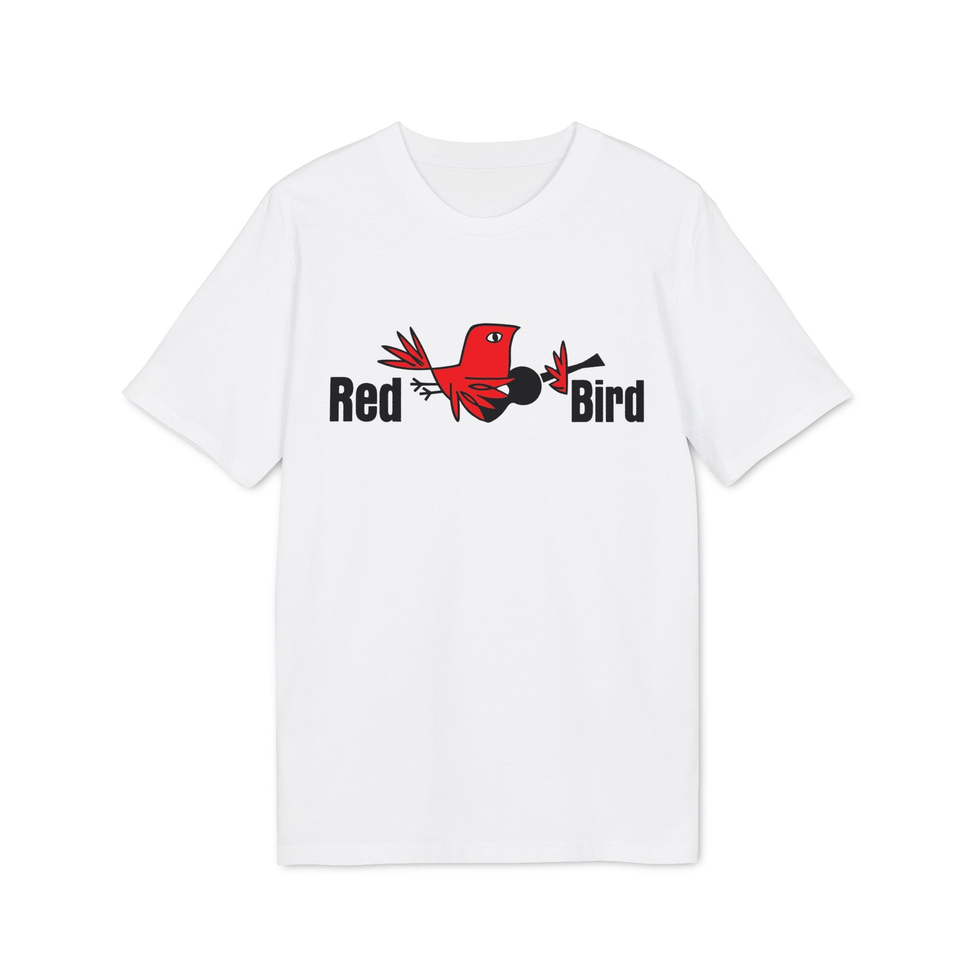 White t-shirt with a red bird illustration and the text "Red Bird".