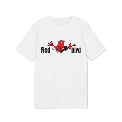 White t-shirt with a red bird illustration and the text "Red Bird".