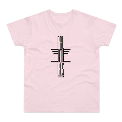 A light pink t-shirt featuring a vertical black graphic with stylized text and horizontal lines on the chest.