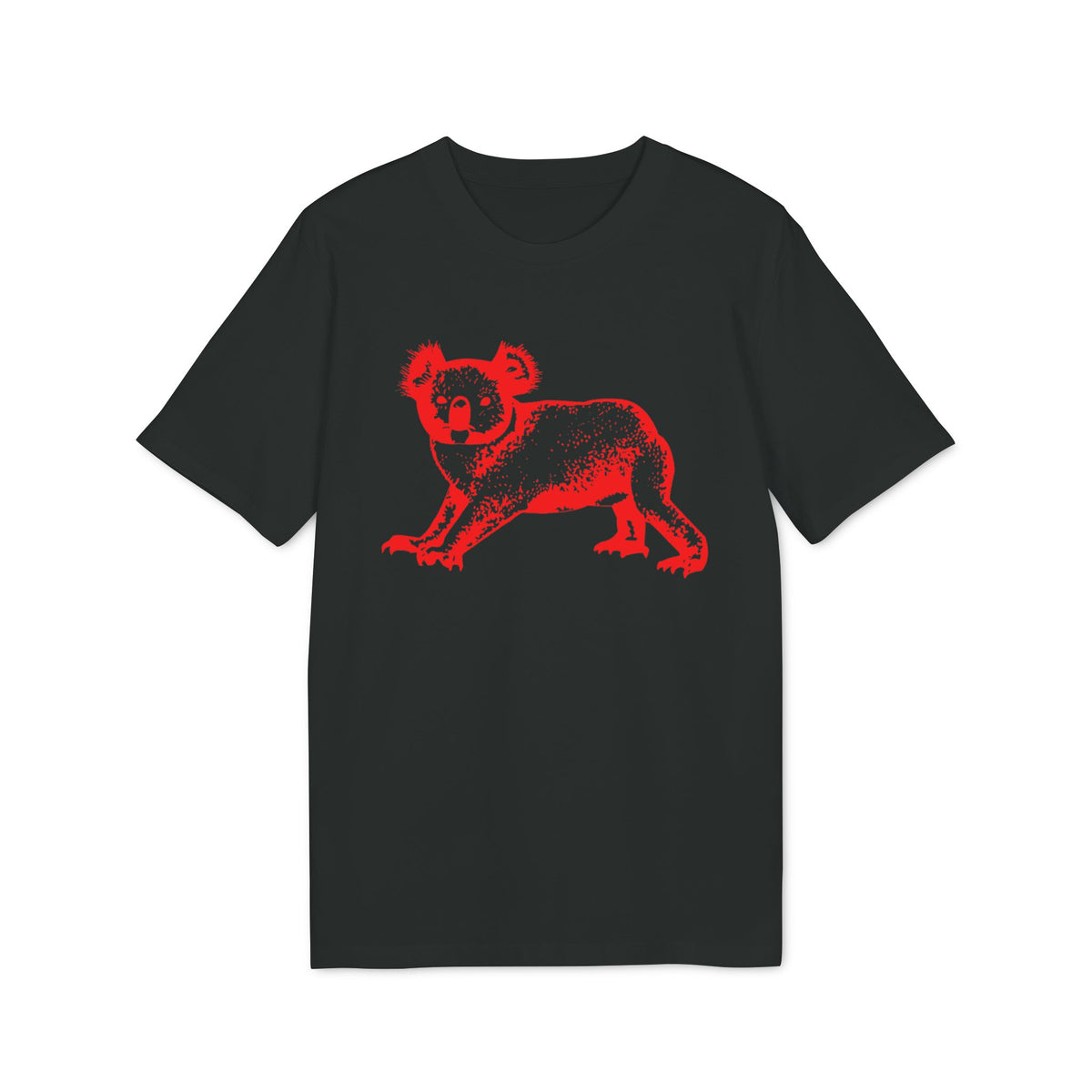 A black short-sleeved t-shirt featuring a stylized red koala graphic centered on the chest.