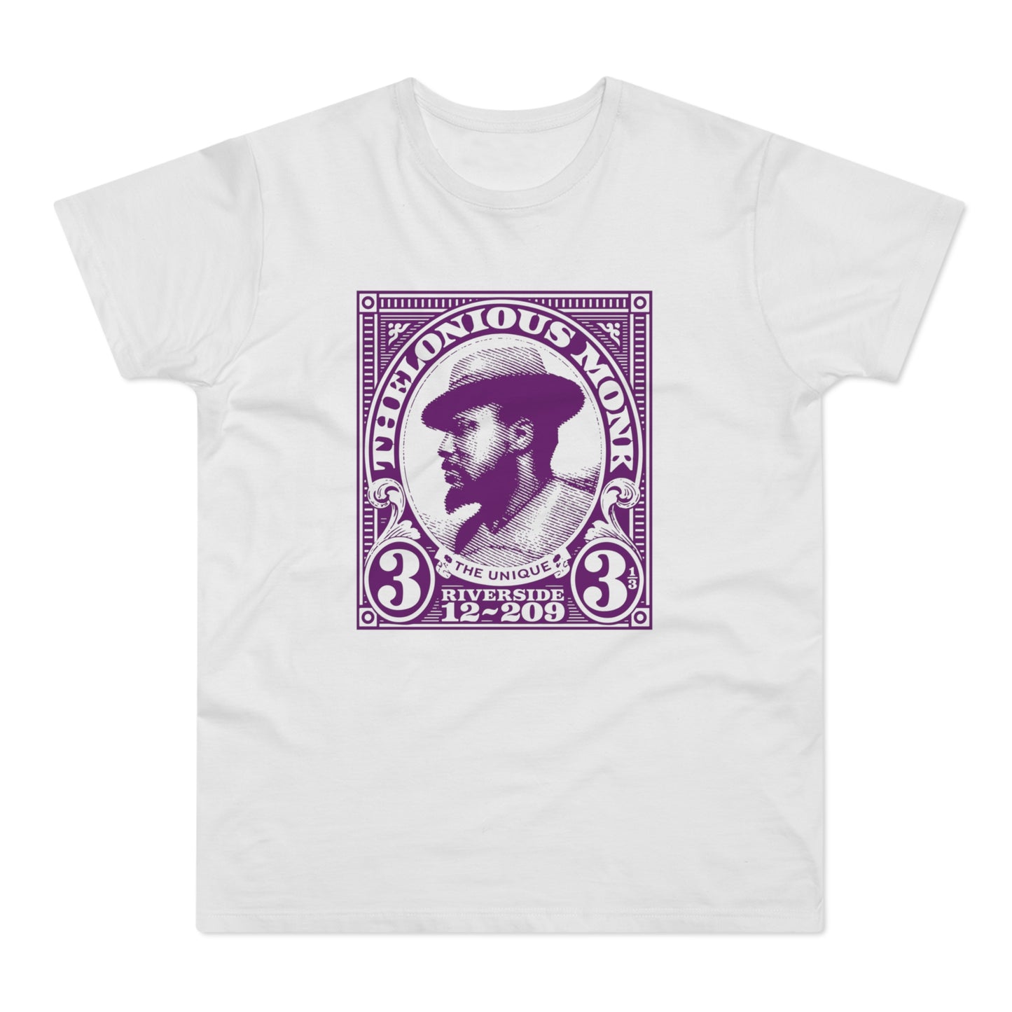 Thelonious Monk portrait on purple stamp-like graphic with text.