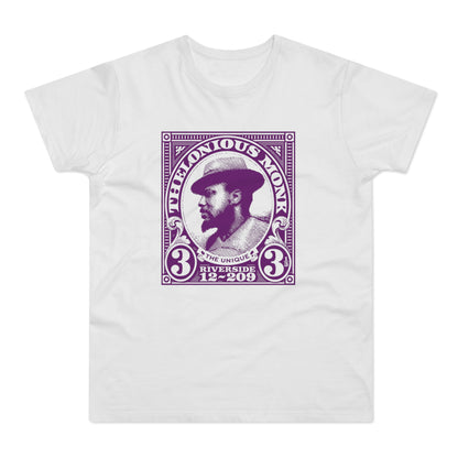 Thelonious Monk portrait on purple stamp-like graphic with text.