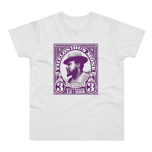 Thelonious Monk portrait on purple stamp-like graphic with text.