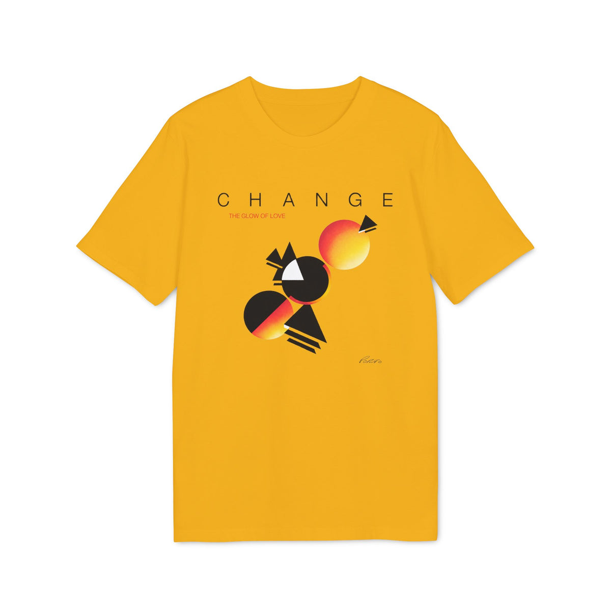 A gold short-sleeve t-shirt featuring a black and orange graphic with the text "CHANGE THE GLOW OF LOVE".