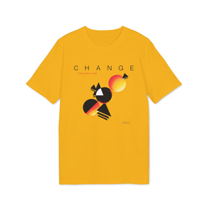 A gold short-sleeve t-shirt featuring a black and orange graphic with the text "CHANGE THE GLOW OF LOVE".