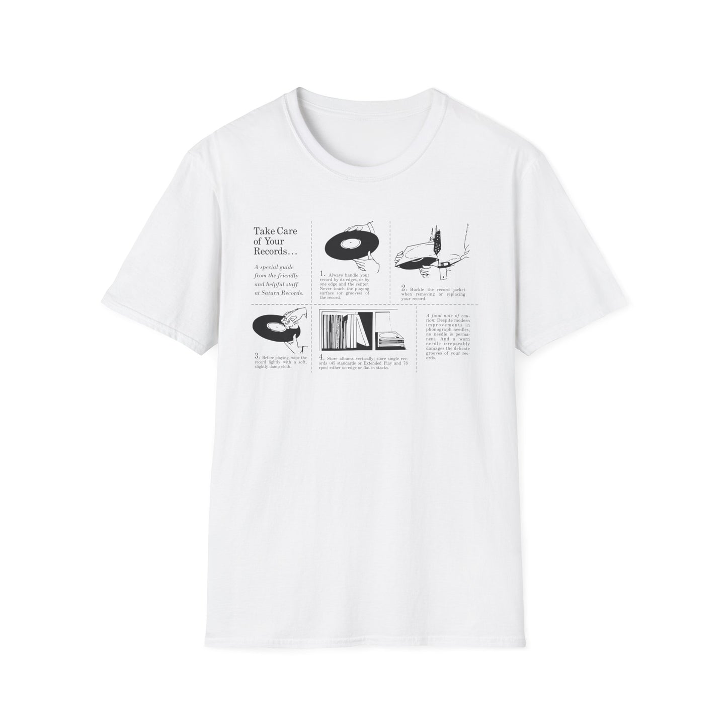 White t-shirt with "Take Care of Your Records..." guide and illustrations.