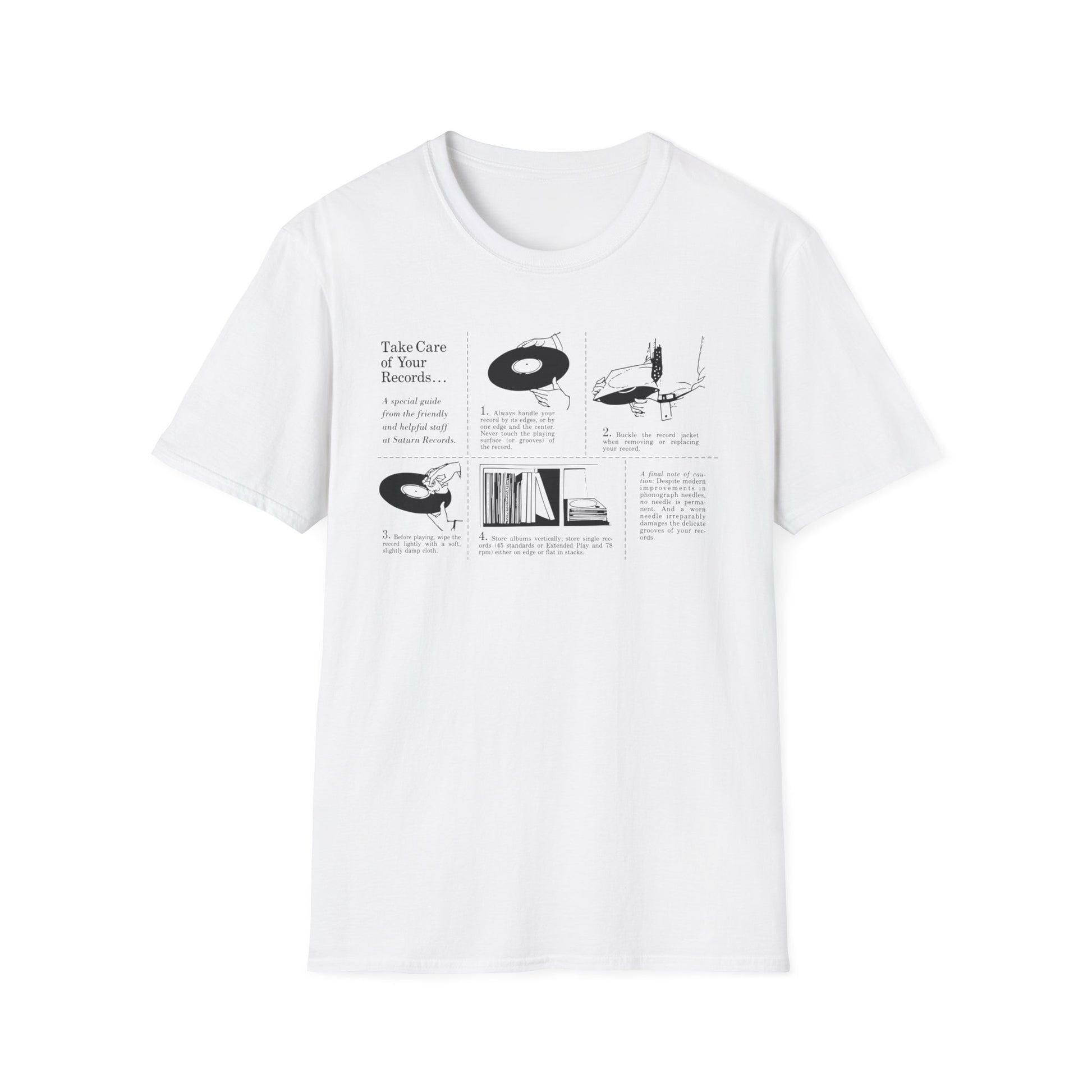 White t-shirt with "Take Care of Your Records..." guide and illustrations.