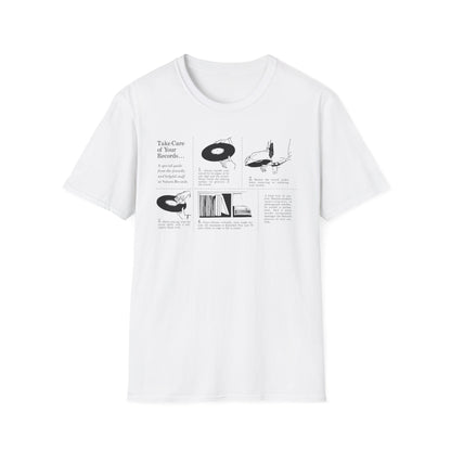 White t-shirt with "Take Care of Your Records..." guide and illustrations.