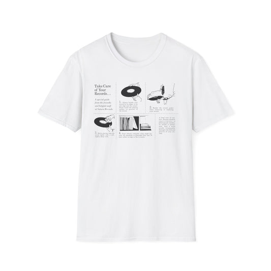 White t-shirt with "Take Care of Your Records..." guide and illustrations.