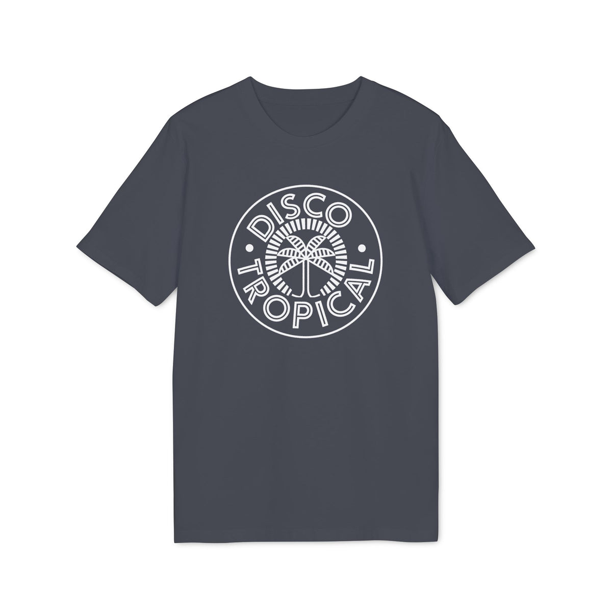 A dark grey t-shirt featuring a circular white graphic with palm trees and the text "Disco Tropical".