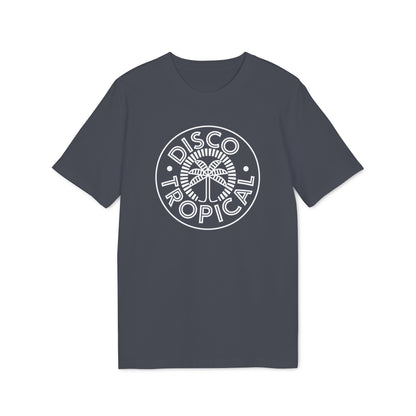A dark grey t-shirt featuring a circular white graphic with palm trees and the text "Disco Tropical".