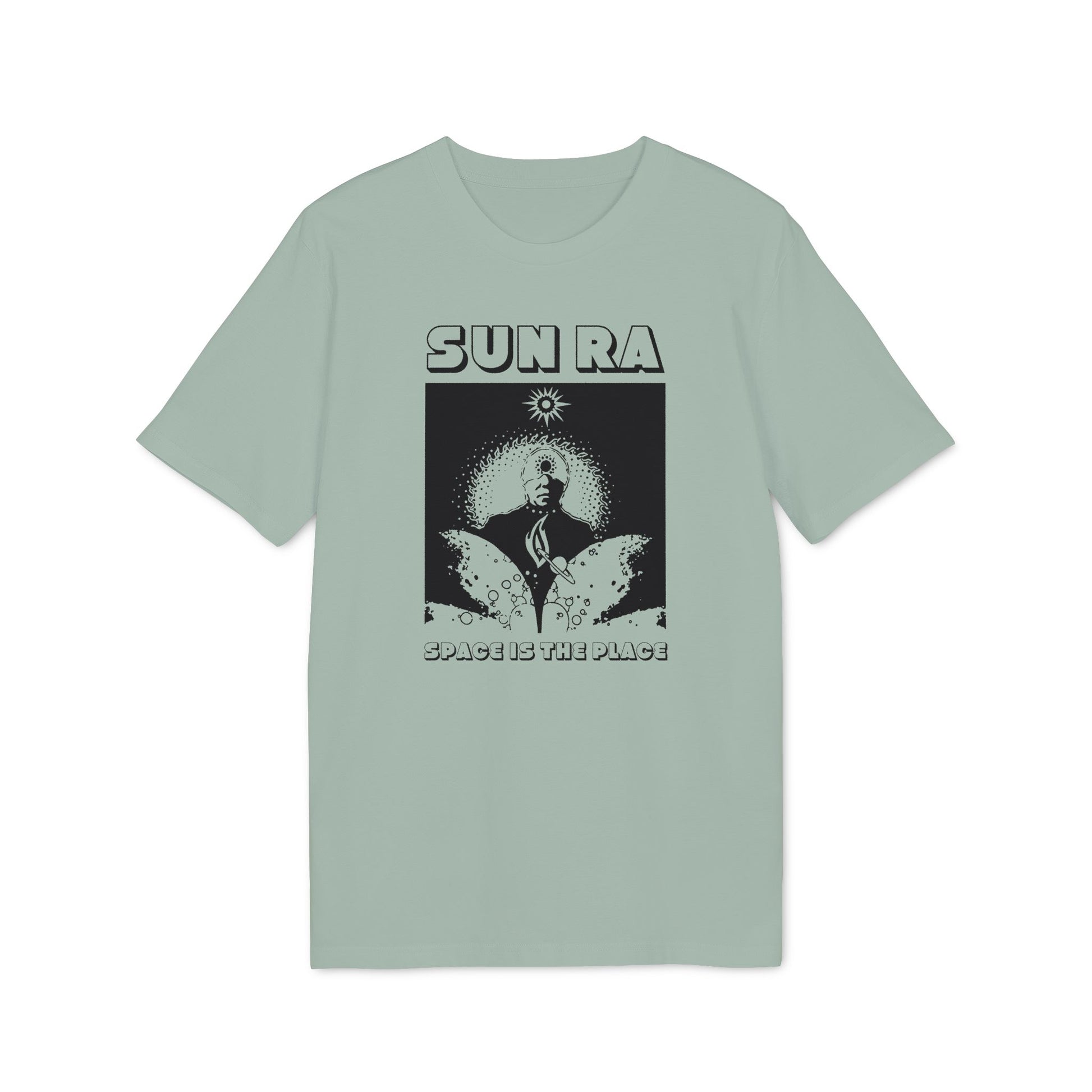 T-shirt with "SUN RA" and "SPACE IS THE PLACE" text and graphic.