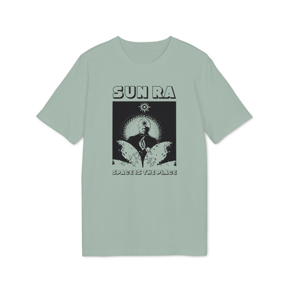 T-shirt with "SUN RA" and "SPACE IS THE PLACE" text and graphic.