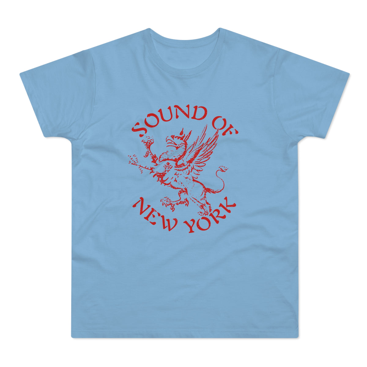 Light blue t-shirt with red "Sound of New York" text and a griffin graphic.
