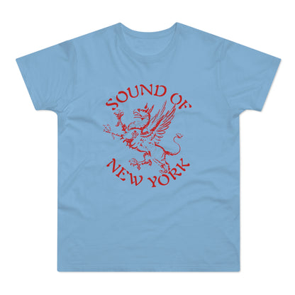 Light blue t-shirt with red "Sound of New York" text and a griffin graphic.