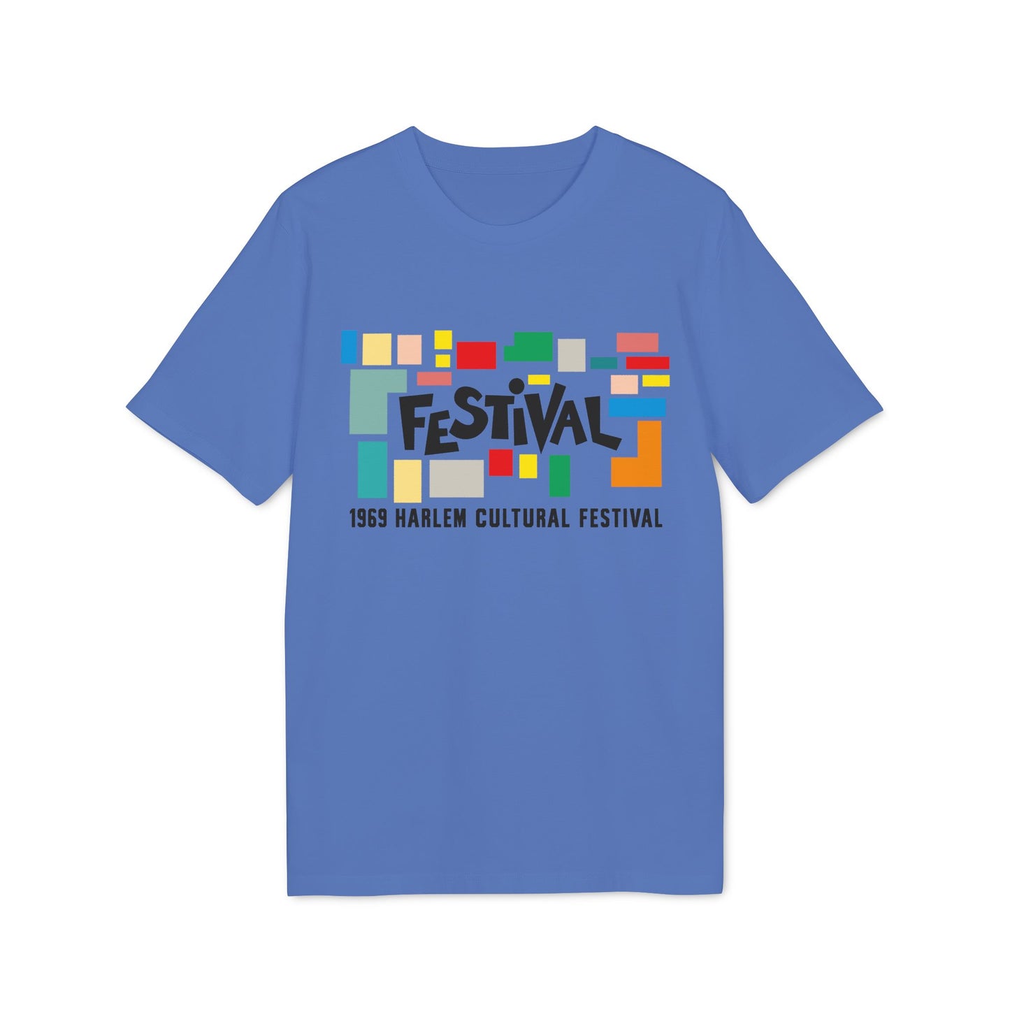 Blue t-shirt with "FESTIVAL" and "1969 HARLEM CULTURAL FESTIVAL" text.