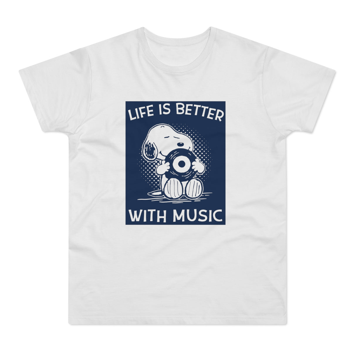 Snoopy holding a record with text "Life is better with music."