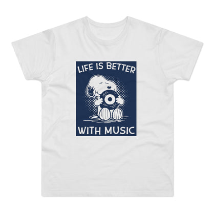 Snoopy holding a record with text "Life is better with music."