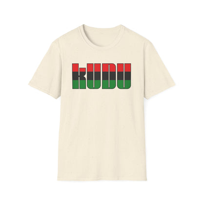 Cream t-shirt with bold black outline letters spelling KUDU in red, black, and green stripes.