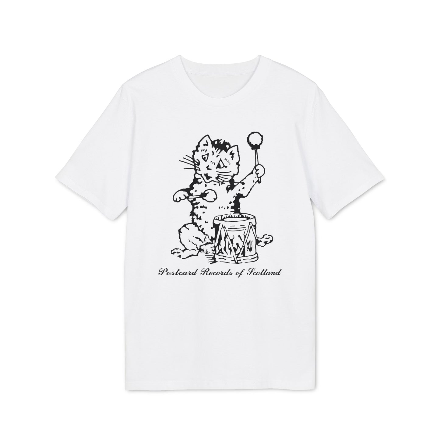 White t-shirt with a black line drawing of a cat playing a drum and holding a baton.