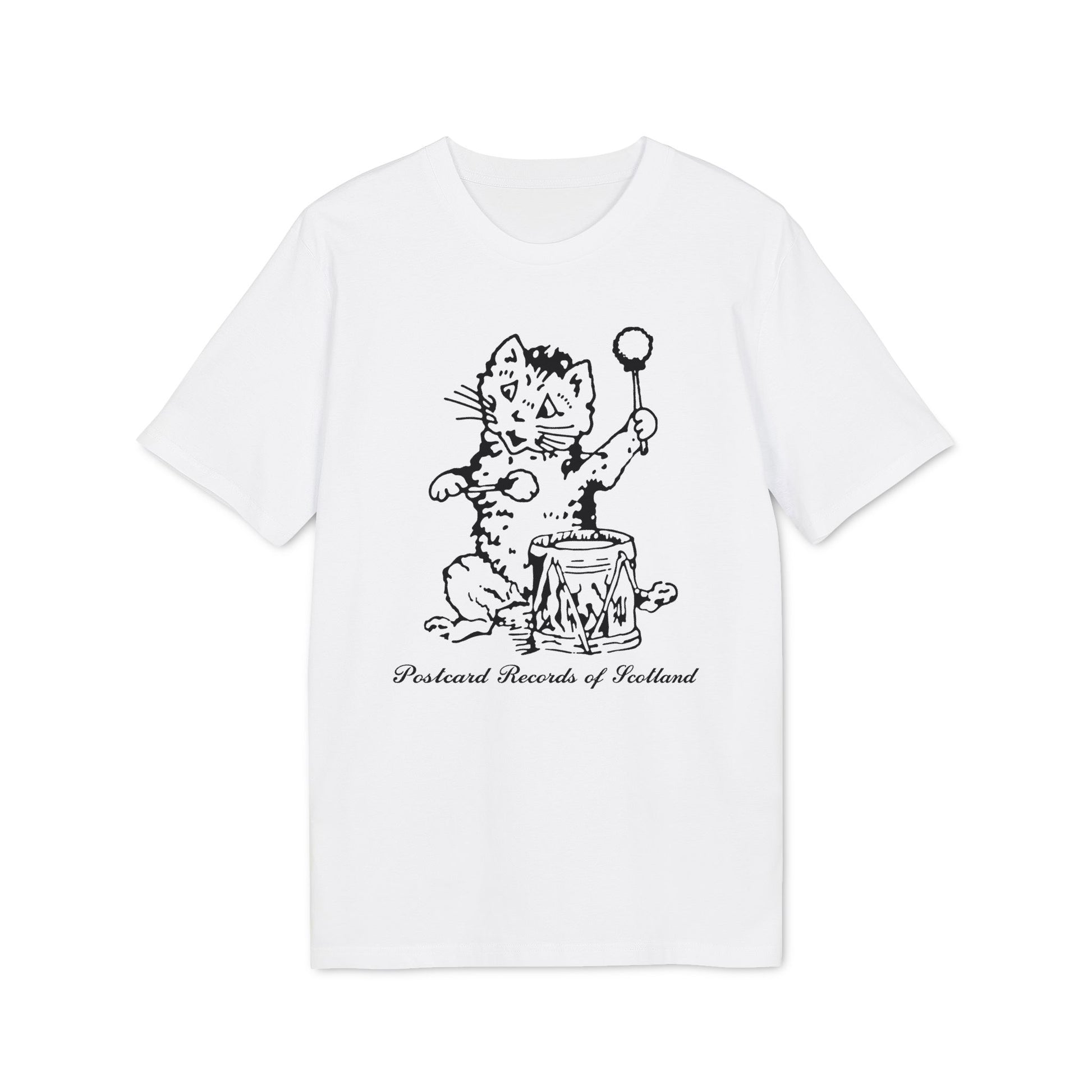 White t-shirt with a black line drawing of a cat playing a drum and holding a baton.