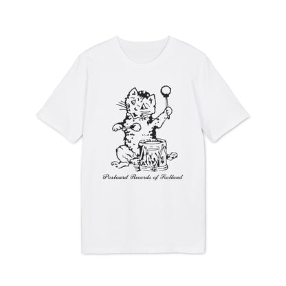 White t-shirt with a black line drawing of a cat playing a drum and holding a baton.