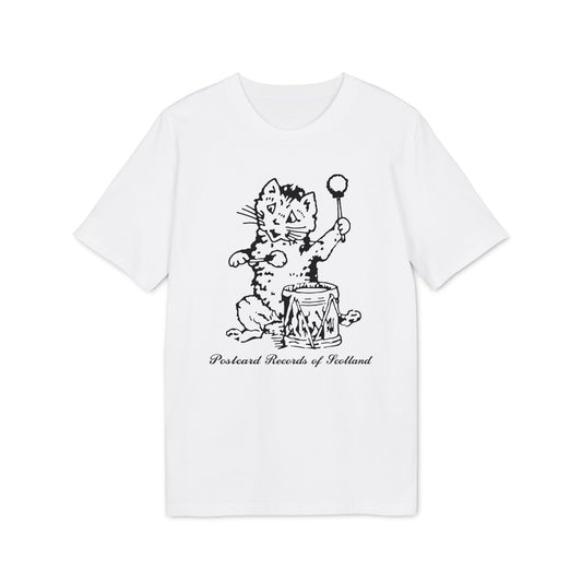 White t-shirt with a black line drawing of a cat playing a drum and holding a baton.