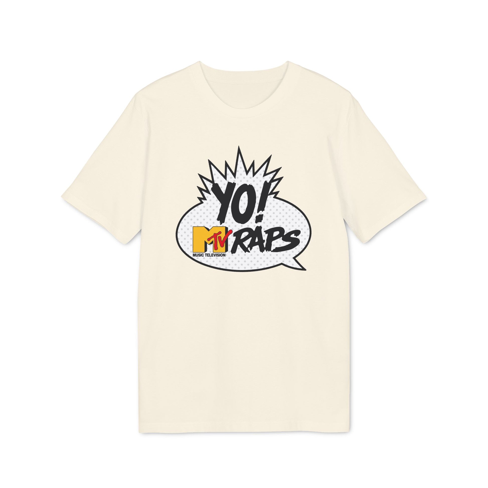 Cream t-shirt with Yo! MTV Raps graphic in a speech bubble.