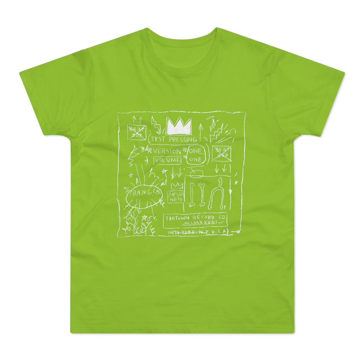 Lime green t-shirt with white sketch art featuring text and icons.