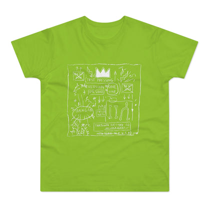 Lime green t-shirt with white sketch art featuring text and icons.
