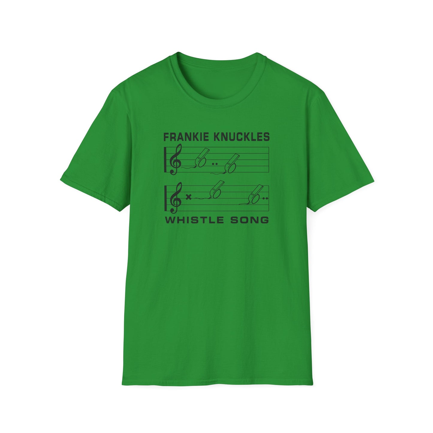 Green t-shirt with black "Whistle Song" text and musical notes.
