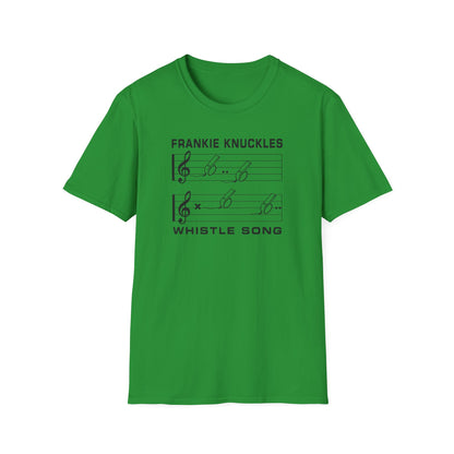 Green t-shirt with black "Whistle Song" text and musical notes.