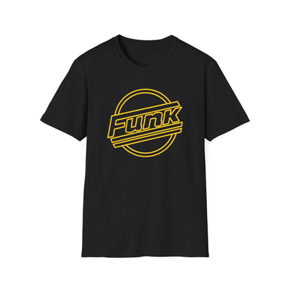 Black t-shirt with yellow "Funk" text inside a circle.