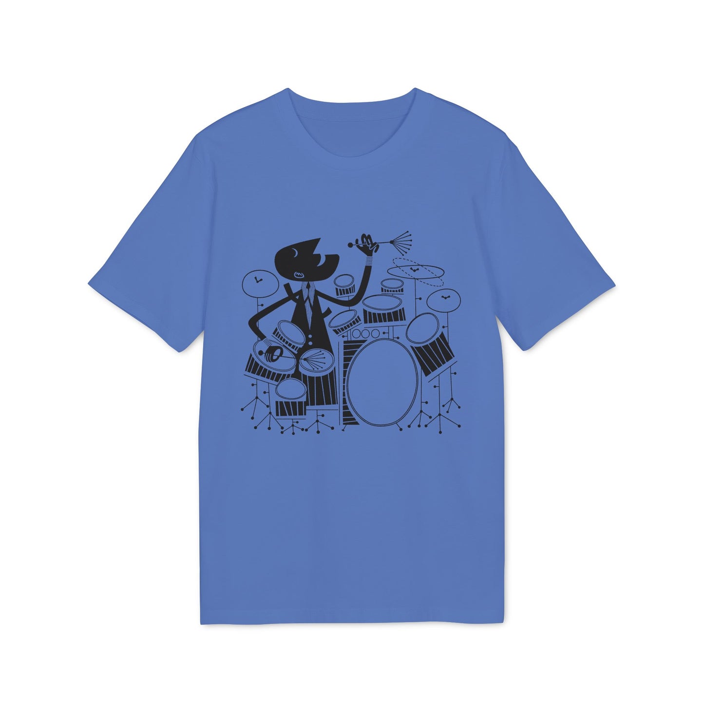 Blue t-shirt with a black cartoon drummer playing a drum set.